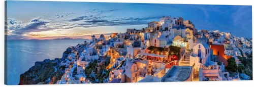 OBRAZ PANORAMICZNY dekoracyjny PANORAMA Santorini Grecja zachód 