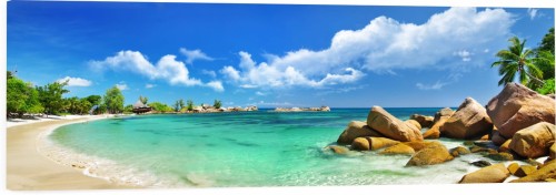 OBRAZ PANORAMICZNY dekoracyjny PANORAMA Seszele plaża palmy ocean