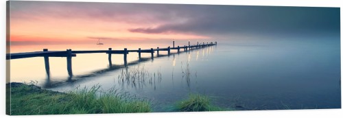 OBRAZ PANORAMICZNY dekoracyjny PANORAMA jezioro zachód słońca pomost 