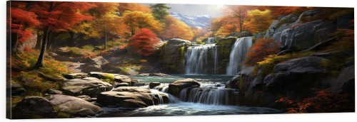 OBRAZ PANORAMICZNY dekoracyjny PANORAMA wodospady w lesie jesień 