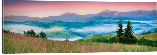 OBRAZ PANORAMICZNY dekoracyjny PANORAMA kolorowe góry wzgórza i mgła
