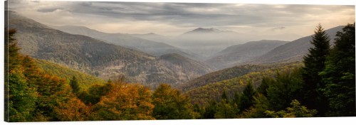 OBRAZ PANORAMICZNY dekoracyjny PANORAMA las jesień i góry
