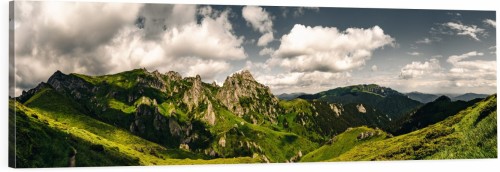 OBRAZ PANORAMICZNY dekoracyjny PANORAMA zielone wysokie góry
