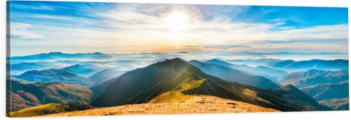 OBRAZ PANORAMICZNY dekoracyjny PANORAMA szczyty góry słońce 