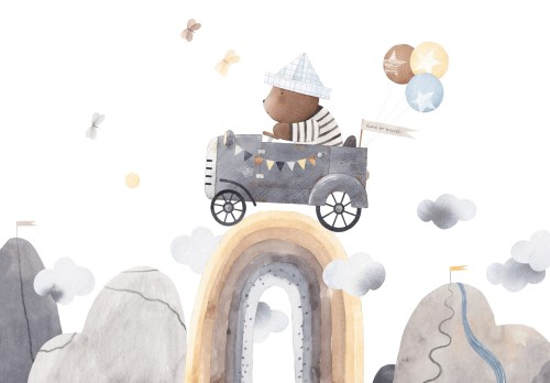 Fototapeta dla chłopca RETRO AUTO MIŚ BOHO TĘCZA