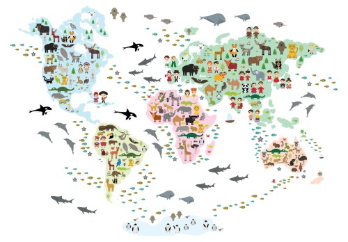 Fototapeta MAPA ŚWIATA dla dzieci ZWIERZAKI ŚWIATA
