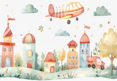 Fototapeta dla dzieci do pokoju SAMOLOTY AUTA BUDYNKI