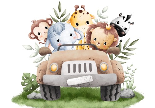 Fototapeta dla dzieci do pokoju ZWIERZĄTKA W JEEPIE