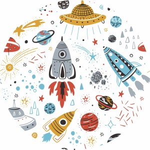 MATA WINYLOWA OKRĄGŁA dla dzieci do zabawy statki kosmiczne