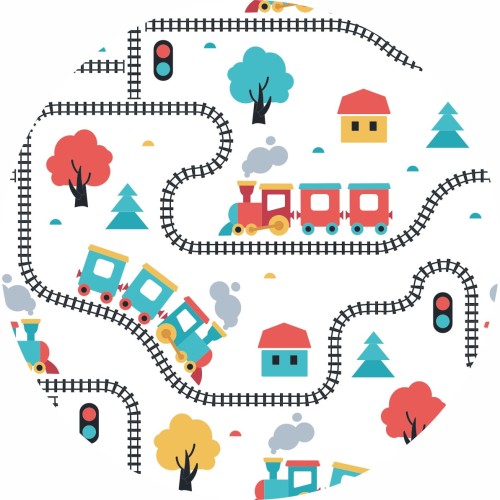 MATA WINYLOWA OKRĄGŁA dla dzieci do zabawy tory pociąg drzewa