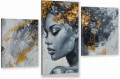 TRYPTYK 3 CZĘŚCIOWY PORTRET KOBIETY KWIATY ZŁOTO NA ŚCIANĘ CANVAS DO SALONU