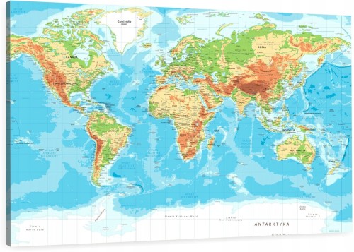 Obraz MAPA ŚWIATA Po Polsku na Ścianę OBRAZ CANVAS NA PŁÓNIE