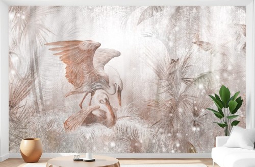 Fototapeta HERON na ścianę do salonu MURAL PTAKI LIŚCIE ABSTRAKT