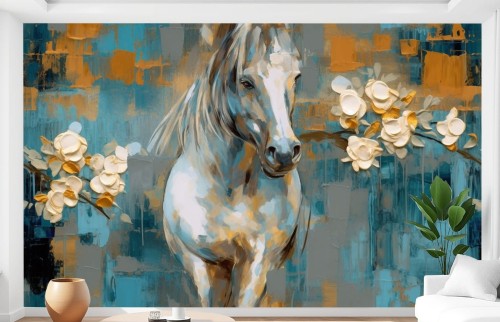 Fototapeta CAVALLO ścienna do salonu sypialni KOŃ RUMAK Z KWIATAMI