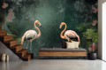 Fototapeta FLAMINGI tapeta FLAMINGI NA ZIELONYM TLE