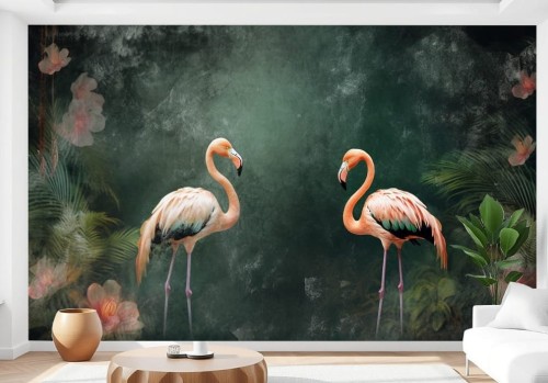 Fototapeta FLAMINGI tapeta FLAMINGI NA ZIELONYM TLE