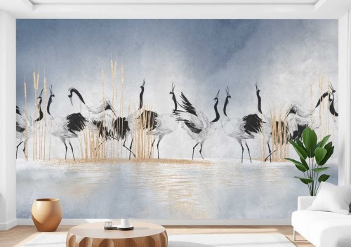 Fototapeta CRANES dekoracyjny mural ŻURAWIE W JEZIORZE PTAKI