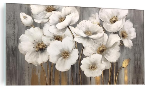 Obraz szklany białe kwiaty pozłacane piękne obraz na szkle 