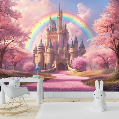 FOTOTAPETA dla dziewczynki na ścianę RAINBOW różowy las zamek tęcza