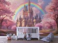 FOTOTAPETA dla dziewczynki na ścianę RAINBOW różowy las zamek tęcza