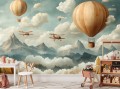 FOTOTAPETA dla DZIECI CHŁOPCA balony góry samoloty retro