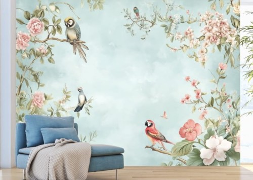 Tapeta KWIATY PTAKI do salonu sypialni FIORI kwiaty ptaszki