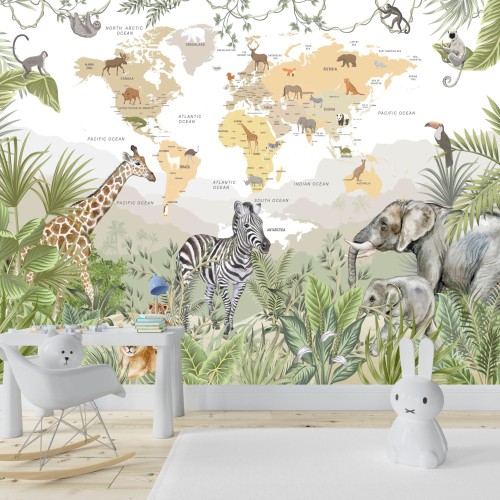 Fototapeta  dla dzieci JUNGLE zwierzątka mapa świata tropiki