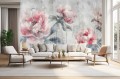 TAPETA różowe kwiaty beton struktura  MURAL 