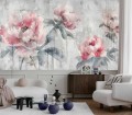 TAPETA różowe kwiaty beton struktura  MURAL 