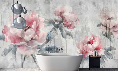 TAPETA różowe kwiaty beton struktura  MURAL 