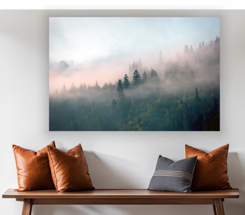 OBRAZ MGLISTY ZAMGLONY LAS DRZEWA NA PŁÓTNIE do salonu sypialni 