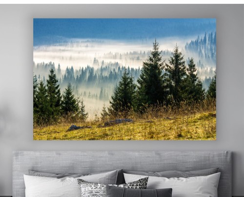 OBRAZ NA PŁÓTNIEMGLISTY LAS IGLASTY GÓRY DO SALONU SYPIALNI DOMU 