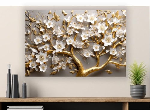 OBRAZ ścienny na płótnie canvas ZŁOTE DRZEWO KWIATY 3D ABSTRAKCJA