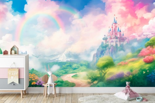 FOTOTAPETA do pokoju dla dziewczynki BAJECZNA KRAINA TĘCZA ZAMEK