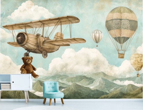 FOTOTAPETA dziecięca do pokoju dla chłopca SAMOLOT SZYBOWIEC RETRO