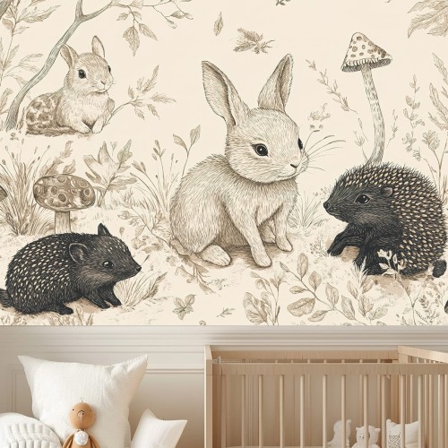 FOTOTAPETA dziecięca do pokoju retro ZWIERZĘTA LEŚNE KRÓLICZEK 