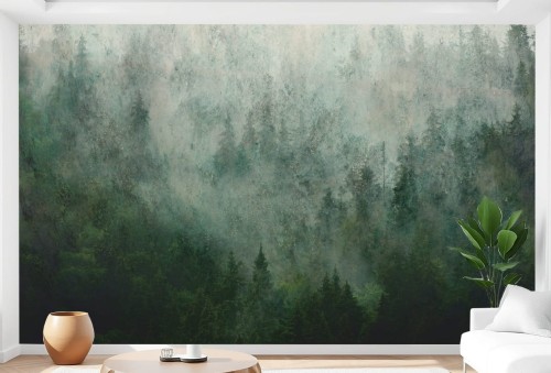 FOTOTAPETA mgła las drzewa FORESTA do salonu