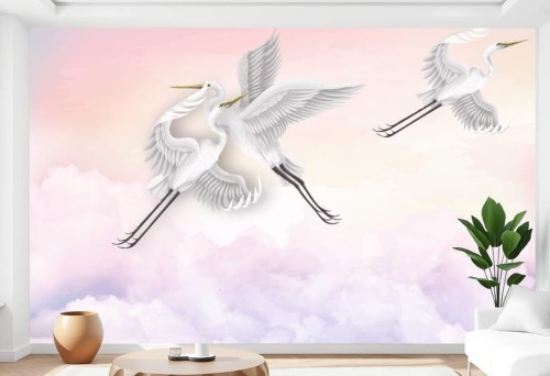 FOTOTAPETA Żurawie na niebie pastelowym CRANES 