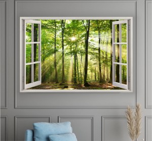 Obraz okno las drzewa słońce widok przez OKNO  