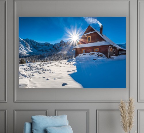 Obraz domek w górach góry zimą do salonu sypialni 