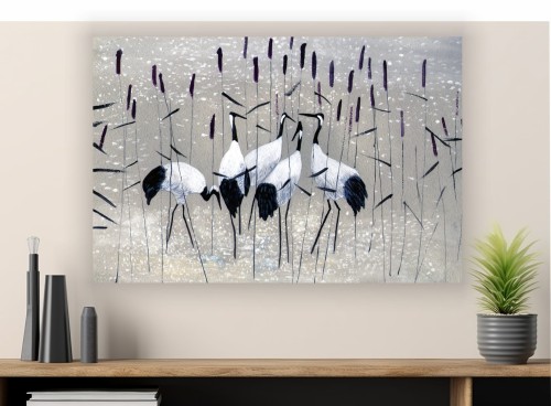 OBRAZ Żurawie wśród tataraku nowoczesny obraz na płótnie