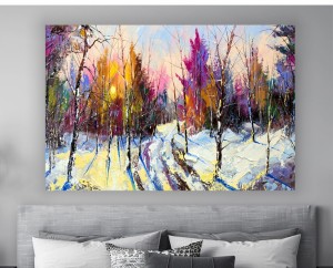 Obraz ZIMA LAS MALOWANY do salonu canvas 