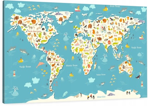 OBRAZ NA KORKU dla dzieci ZWIERZĄTKA MAPA ŚWAT - PINEZKI GRATIS 