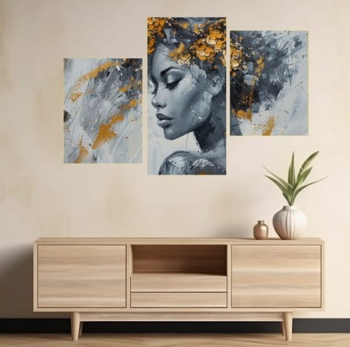 TRYPTYK 3 CZĘŚCIOWY PORTRET KOBIETY KWIATY ZŁOTO NA ŚCIANĘ CANVAS DO SALONU