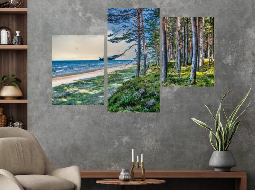 OBRAZ MORZE BAŁTYK PLAŻA LAS NA ŚCIANĘ CANVAS DO SYPIALNI TRYPTYK