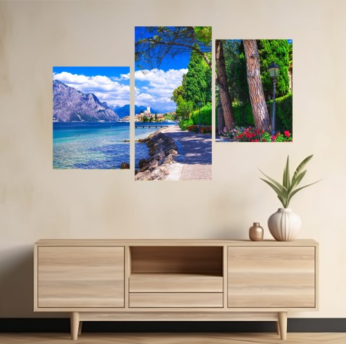 Obraz JEZIORO WŁOCNY tryptyk do salonu KWIATY ITALIA