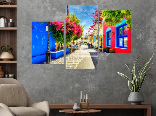 Obraz nowoczesny CANVAS tryptyk Wyspa Kos kwiaty uliczka