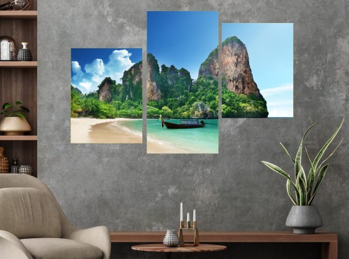 Obraz nowoczesny TAJLANDIA WYSPA PLAŻA ŁÓDKA tryptyk canvas 