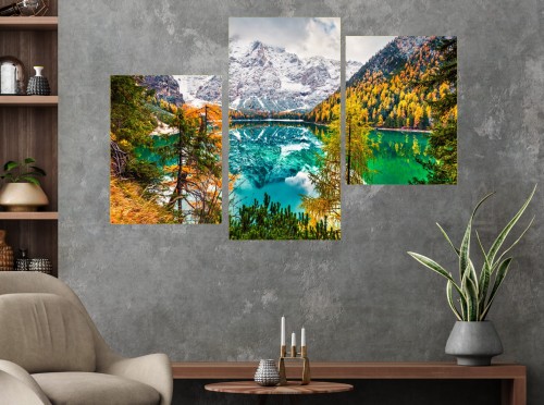 Obraz jezioro w górach Braies TRYPTYK do salonu canvas
