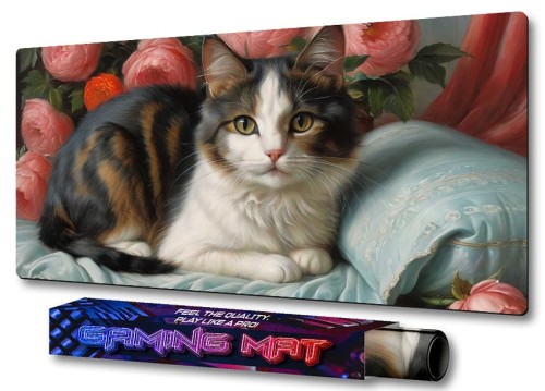 PODKŁADKA NA BIURKO GAMING Cute Cat On Couch With Flowers